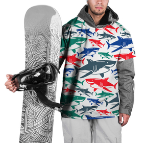 Накидка на куртку 3D с принтом Стая разноцветных акул   паттерн в Курске, 100% полиэстер |  | color | fin | jaw | pack | pattern | shark | summer | tail | teeth | акула | зубы | лето | пасть | паттерн | плавник | стая | хвост | цвет