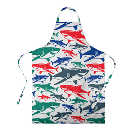Фартук 3D с принтом Стая разноцветных акул   паттерн в Новосибирске, 100% полиэстер | общий размер — 65 х 85 см, ширина нагрудника — 26 см, горловина — 53 см, длина завязок — 54 см, общий обхват в поясе — 173 см. Принт на завязках и на горловине наносится с двух сторон, на основной части фартука — только с внешней стороны | color | fin | jaw | pack | pattern | shark | summer | tail | teeth | акула | зубы | лето | пасть | паттерн | плавник | стая | хвост | цвет