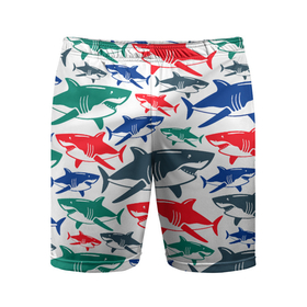 Мужские шорты спортивные с принтом Стая разноцветных акул   паттерн в Новосибирске,  |  | color | fin | jaw | pack | pattern | shark | summer | tail | teeth | акула | зубы | лето | пасть | паттерн | плавник | стая | хвост | цвет