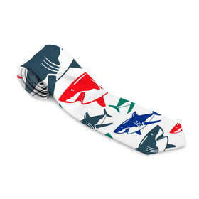 Галстук 3D с принтом Стая разноцветных акул   паттерн в Новосибирске, 100% полиэстер | Длина 148 см; Плотность 150-180 г/м2 | color | fin | jaw | pack | pattern | shark | summer | tail | teeth | акула | зубы | лето | пасть | паттерн | плавник | стая | хвост | цвет