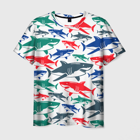 Мужская футболка 3D с принтом Стая разноцветных акул   паттерн в Новосибирске, 100% полиэфир | прямой крой, круглый вырез горловины, длина до линии бедер | color | fin | jaw | pack | pattern | shark | summer | tail | teeth | акула | зубы | лето | пасть | паттерн | плавник | стая | хвост | цвет