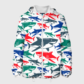 Мужская куртка 3D с принтом Стая разноцветных акул   паттерн в Новосибирске, ткань верха — 100% полиэстер, подклад — флис | прямой крой, подол и капюшон оформлены резинкой с фиксаторами, два кармана без застежек по бокам, один большой потайной карман на груди. Карман на груди застегивается на липучку | color | fin | jaw | pack | pattern | shark | summer | tail | teeth | акула | зубы | лето | пасть | паттерн | плавник | стая | хвост | цвет