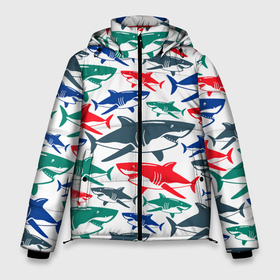 Мужская зимняя куртка 3D с принтом Стая разноцветных акул   паттерн в Новосибирске, верх — 100% полиэстер; подкладка — 100% полиэстер; утеплитель — 100% полиэстер | длина ниже бедра, свободный силуэт Оверсайз. Есть воротник-стойка, отстегивающийся капюшон и ветрозащитная планка. 

Боковые карманы с листочкой на кнопках и внутренний карман на молнии. | color | fin | jaw | pack | pattern | shark | summer | tail | teeth | акула | зубы | лето | пасть | паттерн | плавник | стая | хвост | цвет