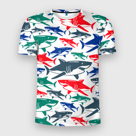 Мужская футболка 3D Slim с принтом Стая разноцветных акул   паттерн в Курске, 100% полиэстер с улучшенными характеристиками | приталенный силуэт, круглая горловина, широкие плечи, сужается к линии бедра | color | fin | jaw | pack | pattern | shark | summer | tail | teeth | акула | зубы | лето | пасть | паттерн | плавник | стая | хвост | цвет