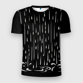 Мужская футболка 3D Slim с принтом Серебряный дождь и лужи в Петрозаводске, 100% полиэстер с улучшенными характеристиками | приталенный силуэт, круглая горловина, широкие плечи, сужается к линии бедра | блестящий | дождь | капли | лужи | серебряный