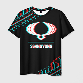 Мужская футболка 3D с принтом Значок SsangYong в стиле glitch на темном фоне в Петрозаводске, 100% полиэфир | прямой крой, круглый вырез горловины, длина до линии бедер | 