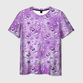 Мужская футболка 3D с принтом Танцующие русалки на фиолетовом в Тюмени, 100% полиэфир | прямой крой, круглый вырез горловины, длина до линии бедер | marine | mermaids | лето | море | морская тема | морской | отдых | паттерн | ракушки | русалки | русалочки | узор
