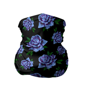 Бандана-труба 3D с принтом Сапфировые розы на черном в Белгороде, 100% полиэстер, ткань с особыми свойствами — Activecool | плотность 150‒180 г/м2; хорошо тянется, но сохраняет форму | Тематика изображения на принте: вечерний | паттерн | розочки | розы | сапфир | сапфировый | темный | цветочки | цветы