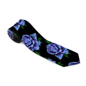 Галстук 3D с принтом Сапфировые розы на черном в Белгороде, 100% полиэстер | Длина 148 см; Плотность 150-180 г/м2 | Тематика изображения на принте: вечерний | паттерн | розочки | розы | сапфир | сапфировый | темный | цветочки | цветы