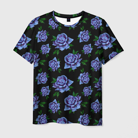Мужская футболка 3D с принтом Сапфировые розы на черном в Белгороде, 100% полиэфир | прямой крой, круглый вырез горловины, длина до линии бедер | Тематика изображения на принте: вечерний | паттерн | розочки | розы | сапфир | сапфировый | темный | цветочки | цветы