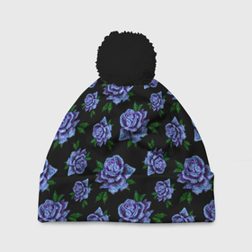 Шапка 3D c помпоном с принтом Сапфировые розы на черном в Санкт-Петербурге, 100% полиэстер | универсальный размер, печать по всей поверхности изделия | вечерний | паттерн | розочки | розы | сапфир | сапфировый | темный | цветочки | цветы