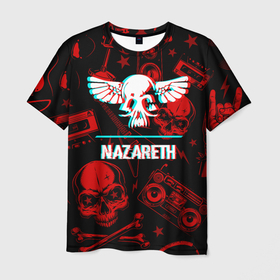 Мужская футболка 3D с принтом Nazareth rock glitch , 100% полиэфир | прямой крой, круглый вырез горловины, длина до линии бедер | 