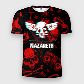 Мужская футболка 3D Slim с принтом Nazareth rock glitch в Новосибирске, 100% полиэстер с улучшенными характеристиками | приталенный силуэт, круглая горловина, широкие плечи, сужается к линии бедра | 