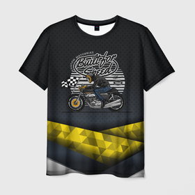 Мужская футболка 3D с принтом Мотоциклист с финишным флагом в клетку в Тюмени, 100% полиэфир | прямой крой, круглый вырез горловины, длина до линии бедер | Тематика изображения на принте: moto | гонка | гонки | мото | мотоциклист
