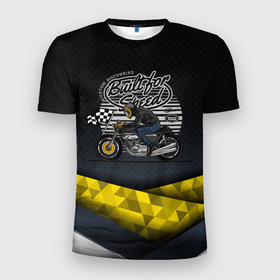 Мужская футболка 3D Slim с принтом Мотоциклист с финишным флагом в клетку в Кировске, 100% полиэстер с улучшенными характеристиками | приталенный силуэт, круглая горловина, широкие плечи, сужается к линии бедра | Тематика изображения на принте: moto | гонка | гонки | мото | мотоциклист