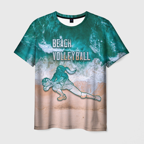 Мужская футболка 3D с принтом Beach volleyball ocean theme , 100% полиэфир | прямой крой, круглый вырез горловины, длина до линии бедер | волейбол | море | пляж | пляжный волейбол | спорт