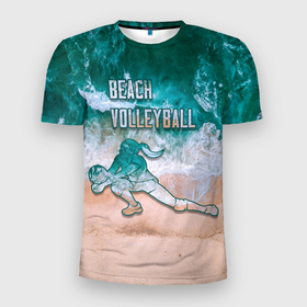 Мужская футболка 3D Slim с принтом Beach volleyball ocean theme в Петрозаводске, 100% полиэстер с улучшенными характеристиками | приталенный силуэт, круглая горловина, широкие плечи, сужается к линии бедра | волейбол | море | пляж | пляжный волейбол | спорт