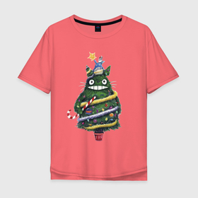 Мужская футболка хлопок Oversize с принтом Тоторо   Новогодняя ёлка в Санкт-Петербурге, 100% хлопок | свободный крой, круглый ворот, “спинка” длиннее передней части | anime | cartoon | ears | eyes | garland | holiday | new year | star | teeth | totoro | toy | x mas tree | аниме | гирлянда | глаза | ёлка | звезда | зубы | игрушка | мультфильм | новый год | праздник | тоторо | уши