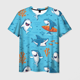 Мужская футболка 3D с принтом Прикольные акулята   паттерн в Новосибирске, 100% полиэфир | прямой крой, круглый вырез горловины, длина до линии бедер | coral | eyes | fin | fish | jaw | ocean | sea | shark | smile | summer | teeth | акула | глаза | зубы | коралл | лето | море | океан | пасть | плавник | рыба | улыбка