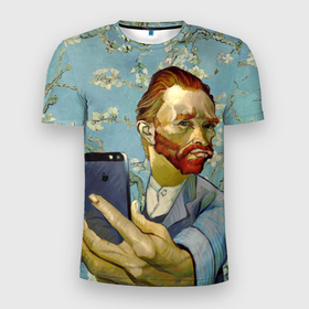 Мужская футболка 3D Slim с принтом Ван Гог Селфи   Арт Портрет в Петрозаводске, 100% полиэстер с улучшенными характеристиками | приталенный силуэт, круглая горловина, широкие плечи, сужается к линии бедра | van gogh | вангог | мем | художник | цветущие ветки миндаля