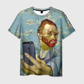 Мужская футболка 3D с принтом Ван Гог Селфи   Арт Портрет в Кировске, 100% полиэфир | прямой крой, круглый вырез горловины, длина до линии бедер | van gogh | вангог | мем | художник | цветущие ветки миндаля