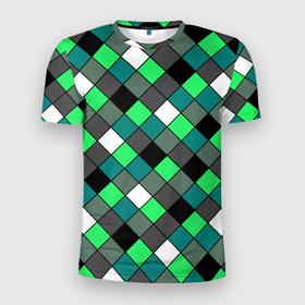 Мужская футболка 3D Slim с принтом Геометрический узор в зеленых и черный тонах в Новосибирске, 100% полиэстер с улучшенными характеристиками | приталенный силуэт, круглая горловина, широкие плечи, сужается к линии бедра | геометрический узор | зеленый | клетка | клетчатый узор | узор в клетку