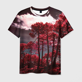 Мужская футболка 3D с принтом Абстрактные красные деревья и облака в Тюмени, 100% полиэфир | прямой крой, круглый вырез горловины, длина до линии бедер | abstraction | art | artwork | colorful | colors | dark | darkness | graphics | nature | patterns | sky | surrealism | sweethuman | sweethumen | trees | абстракция | арт | графика | деревья | искусство | небо | природа | разноцветный | сюрреализм | темнота