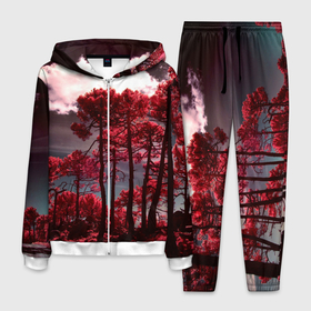 Мужской костюм 3D с принтом Абстрактные красные деревья и облака в Белгороде, 100% полиэстер | Манжеты и пояс оформлены тканевой резинкой, двухслойный капюшон со шнурком для регулировки, карманы спереди | abstraction | art | artwork | colorful | colors | dark | darkness | graphics | nature | patterns | sky | surrealism | sweethuman | sweethumen | trees | абстракция | арт | графика | деревья | искусство | небо | природа | разноцветный | сюрреализм | темнота