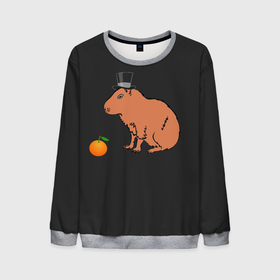 Мужской свитшот 3D с принтом Капибара в цилиндре в Новосибирске, 100% полиэстер с мягким внутренним слоем | круглый вырез горловины, мягкая резинка на манжетах и поясе, свободная посадка по фигуре | capybara | апельсин около капибары | капибара в шляпе | капибара мем | капибара с апельсином | морская свинка | покерфейс капибара | цилиндр