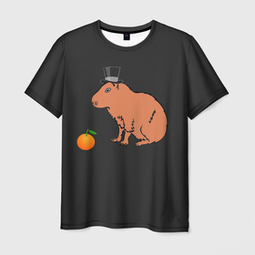 Мужская футболка 3D с принтом Капибара в цилиндре в Екатеринбурге, 100% полиэфир | прямой крой, круглый вырез горловины, длина до линии бедер | capybara | апельсин около капибары | капибара в шляпе | капибара мем | капибара с апельсином | морская свинка | покерфейс капибара | цилиндр