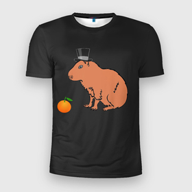 Мужская футболка 3D Slim с принтом Капибара в цилиндре в Белгороде, 100% полиэстер с улучшенными характеристиками | приталенный силуэт, круглая горловина, широкие плечи, сужается к линии бедра | Тематика изображения на принте: capybara | апельсин около капибары | капибара в шляпе | капибара мем | капибара с апельсином | морская свинка | покерфейс капибара | цилиндр