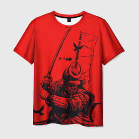 Мужская футболка 3D с принтом Самурай на красном фоне в Екатеринбурге, 100% полиэфир | прямой крой, круглый вырез горловины, длина до линии бедер | Тематика изображения на принте: samurai | буси | воин | путь | самурай | япония