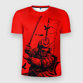 Мужская футболка 3D Slim с принтом Самурай на красном фоне в Екатеринбурге, 100% полиэстер с улучшенными характеристиками | приталенный силуэт, круглая горловина, широкие плечи, сужается к линии бедра | Тематика изображения на принте: samurai | буси | воин | путь | самурай | япония