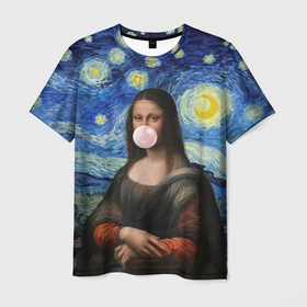 Мужская футболка 3D с принтом Мона Лиза Приколы   Звездная ночь в Белгороде, 100% полиэфир | прямой крой, круглый вырез горловины, длина до линии бедер | ван гог | джоконда | картина | леонардо да винчи | мем
