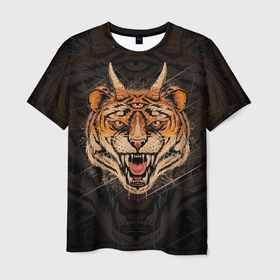 Мужская футболка 3D с принтом Трёхглазый тигр в Тюмени, 100% полиэфир | прямой крой, круглый вырез горловины, длина до линии бедер | tiger | tigris | большая кошка | кислота | кошачьи | полосатая кошка | тигр | трех глазый тигр | трёхглазый тигр | хищник