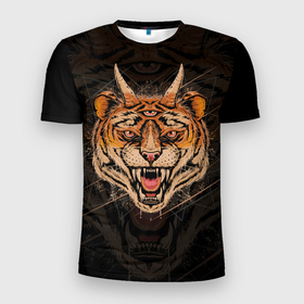 Мужская футболка 3D Slim с принтом Трёхглазый тигр в Курске, 100% полиэстер с улучшенными характеристиками | приталенный силуэт, круглая горловина, широкие плечи, сужается к линии бедра | tiger | tigris | большая кошка | кислота | кошачьи | полосатая кошка | тигр | трех глазый тигр | трёхглазый тигр | хищник