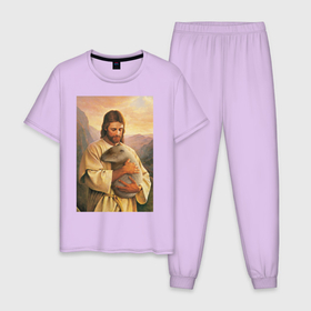 Мужская пижама хлопок с принтом Иисус и капибара в Белгороде, 100% хлопок | брюки и футболка прямого кроя, без карманов, на брюках мягкая резинка на поясе и по низу штанин
 | capybara | животные | звери | иисус | капибара | мем