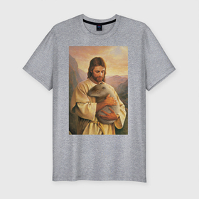 Мужская футболка хлопок Slim с принтом Иисус и капибара в Тюмени, 92% хлопок, 8% лайкра | приталенный силуэт, круглый вырез ворота, длина до линии бедра, короткий рукав | capybara | животные | звери | иисус | капибара | мем