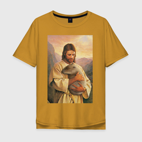 Мужская футболка хлопок Oversize с принтом Иисус и капибара , 100% хлопок | свободный крой, круглый ворот, “спинка” длиннее передней части | capybara | животные | звери | иисус | капибара | мем