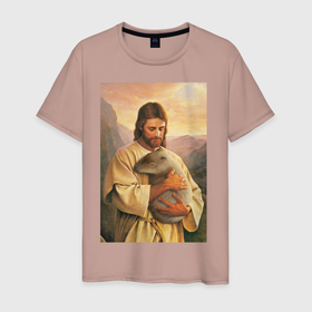 Мужская футболка хлопок с принтом Иисус и капибара , 100% хлопок | прямой крой, круглый вырез горловины, длина до линии бедер, слегка спущенное плечо. | capybara | животные | звери | иисус | капибара | мем