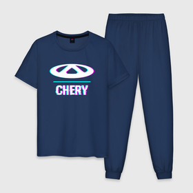 Мужская пижама хлопок с принтом Значок Chery в стиле glitch в Екатеринбурге, 100% хлопок | брюки и футболка прямого кроя, без карманов, на брюках мягкая резинка на поясе и по низу штанин
 | 