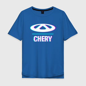 Мужская футболка хлопок Oversize с принтом Значок Chery в стиле glitch в Тюмени, 100% хлопок | свободный крой, круглый ворот, “спинка” длиннее передней части | 