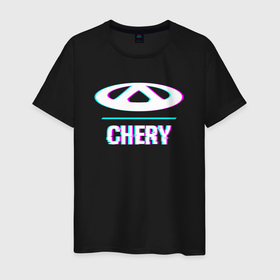 Мужская футболка хлопок с принтом Значок Chery в стиле glitch в Санкт-Петербурге, 100% хлопок | прямой крой, круглый вырез горловины, длина до линии бедер, слегка спущенное плечо. | 