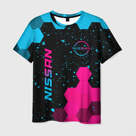 Мужская футболка 3D с принтом Nissan   neon gradient: символ и надпись вертикально в Белгороде, 100% полиэфир | прямой крой, круглый вырез горловины, длина до линии бедер | 