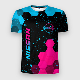 Мужская футболка 3D Slim с принтом Nissan   neon gradient: символ и надпись вертикально в Екатеринбурге, 100% полиэстер с улучшенными характеристиками | приталенный силуэт, круглая горловина, широкие плечи, сужается к линии бедра | 