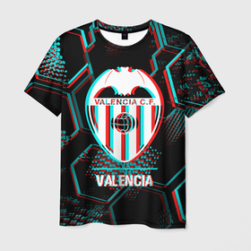 Мужская футболка 3D с принтом Valencia FC в стиле glitch на темном фоне в Санкт-Петербурге, 100% полиэфир | прямой крой, круглый вырез горловины, длина до линии бедер | 