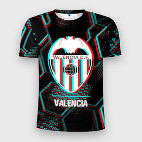 Мужская футболка 3D Slim с принтом Valencia FC в стиле glitch на темном фоне в Кировске, 100% полиэстер с улучшенными характеристиками | приталенный силуэт, круглая горловина, широкие плечи, сужается к линии бедра | Тематика изображения на принте: 