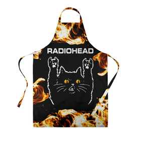 Фартук 3D с принтом Radiohead рок кот и огонь в Тюмени, 100% полиэстер | общий размер — 65 х 85 см, ширина нагрудника — 26 см, горловина — 53 см, длина завязок — 54 см, общий обхват в поясе — 173 см. Принт на завязках и на горловине наносится с двух сторон, на основной части фартука — только с внешней стороны | 