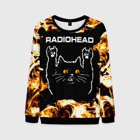 Мужской свитшот 3D с принтом Radiohead рок кот и огонь в Тюмени, 100% полиэстер с мягким внутренним слоем | круглый вырез горловины, мягкая резинка на манжетах и поясе, свободная посадка по фигуре | 