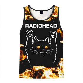 Мужская майка 3D с принтом Radiohead рок кот и огонь в Тюмени, 100% полиэстер | круглая горловина, приталенный силуэт, длина до линии бедра. Пройма и горловина окантованы тонкой бейкой | 